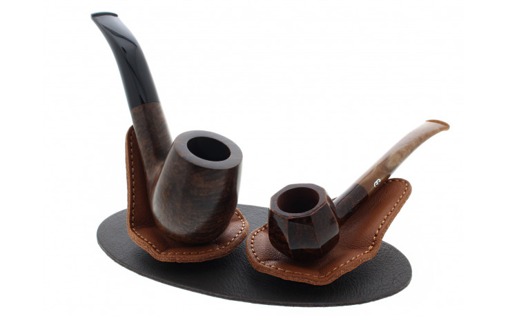 Beige and brown tabletop pipe stand for 2 pipes by Claudio Albieri